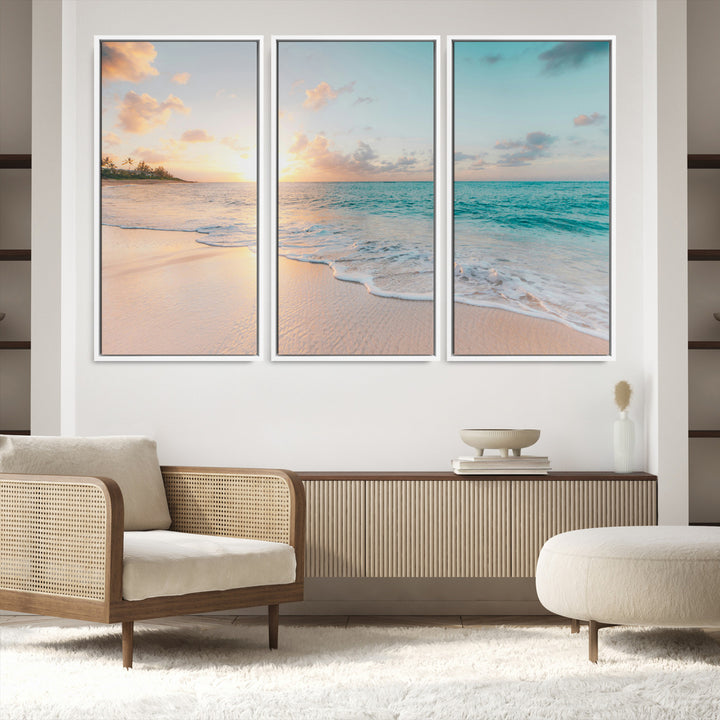 Beach Sunset Wall Art Canvas Print, Framed Ocean Waves Art Picture Print, Summer Escape Perfect Coastal Decor Artwork