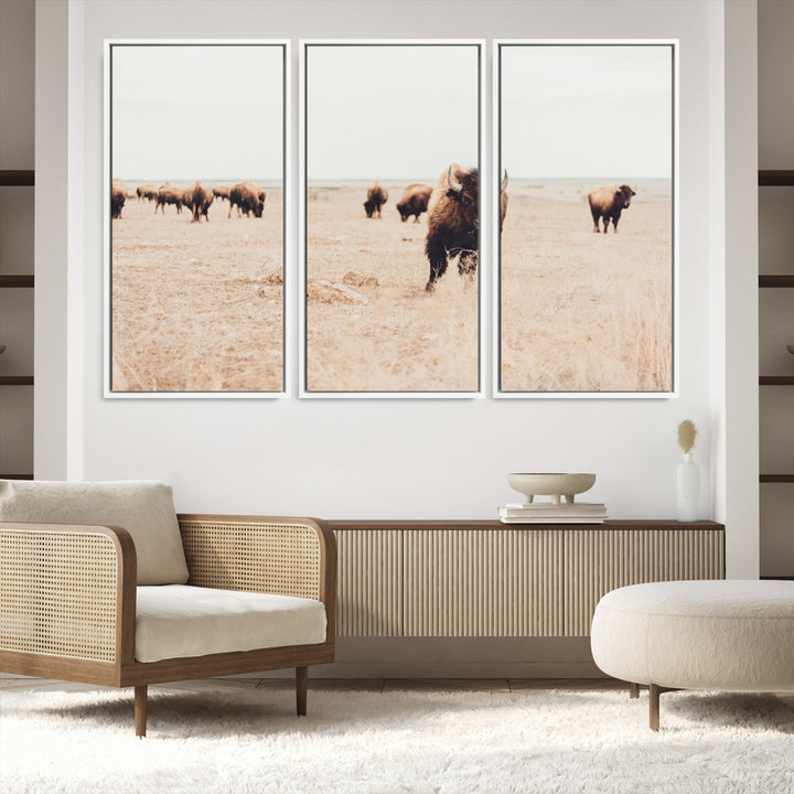 Bison Herd Wall Art Canvas Print, Framed Western Art Picture Print, Prairie Serenity Perfect Ranch Decor Artwork