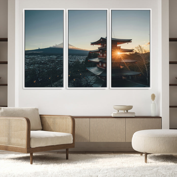 Chureito Pagoda at sunset with Mount Fuji in the background, city lights below, and golden sun rays, ideal for Japanese-inspired wall art.