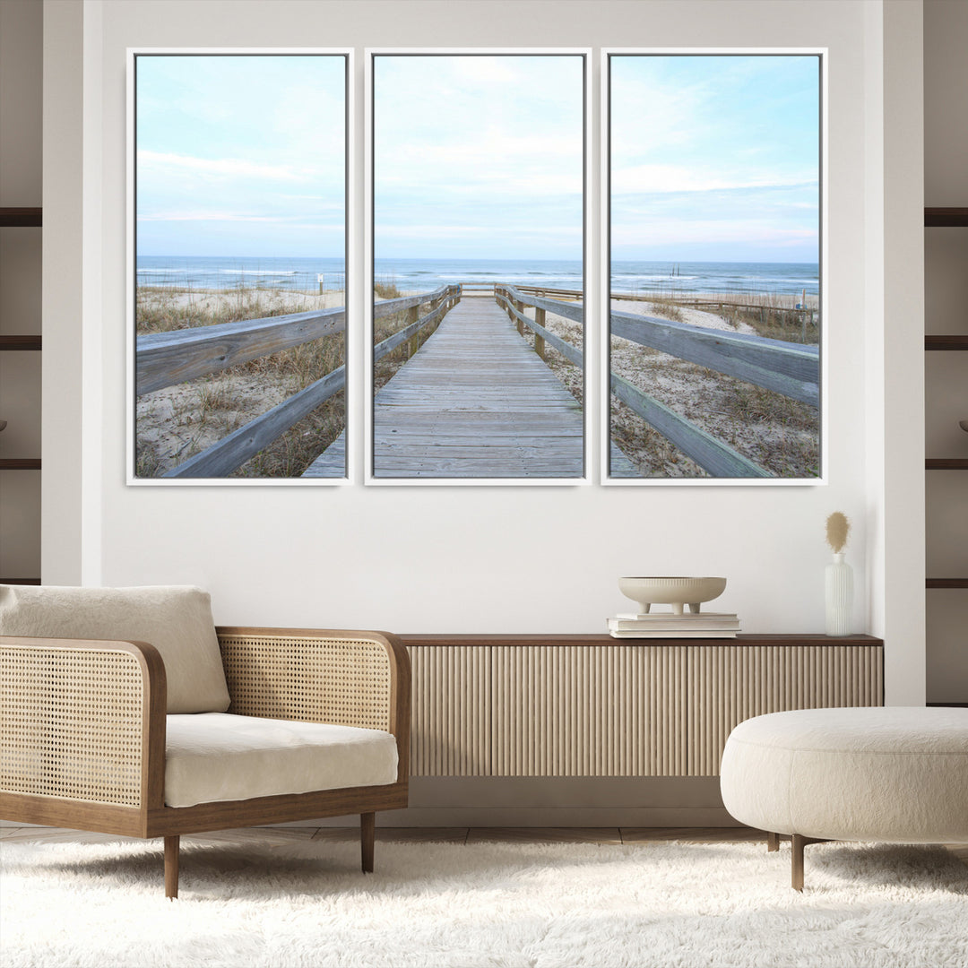 Beach Boardwalk Wall Art Canvas Print, Framed Coastal Serenity Art Picture Print, Ocean View Perfect Coastal Decor Artwork
