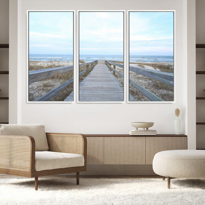 Beach Boardwalk Wall Art Canvas Print, Framed Coastal Serenity Art Picture Print, Ocean View Perfect Coastal Decor Artwork
