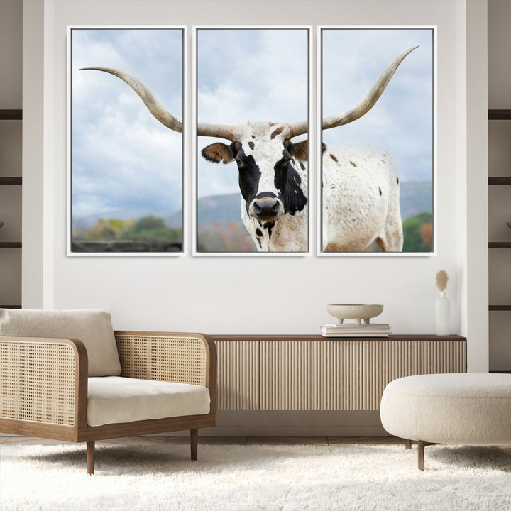 Texas Longhorn Wall Art Canvas Print, Framed Western Rustic Art Picture Print, Farmhouse Decor Perfect Farmhouse Decor Artwork