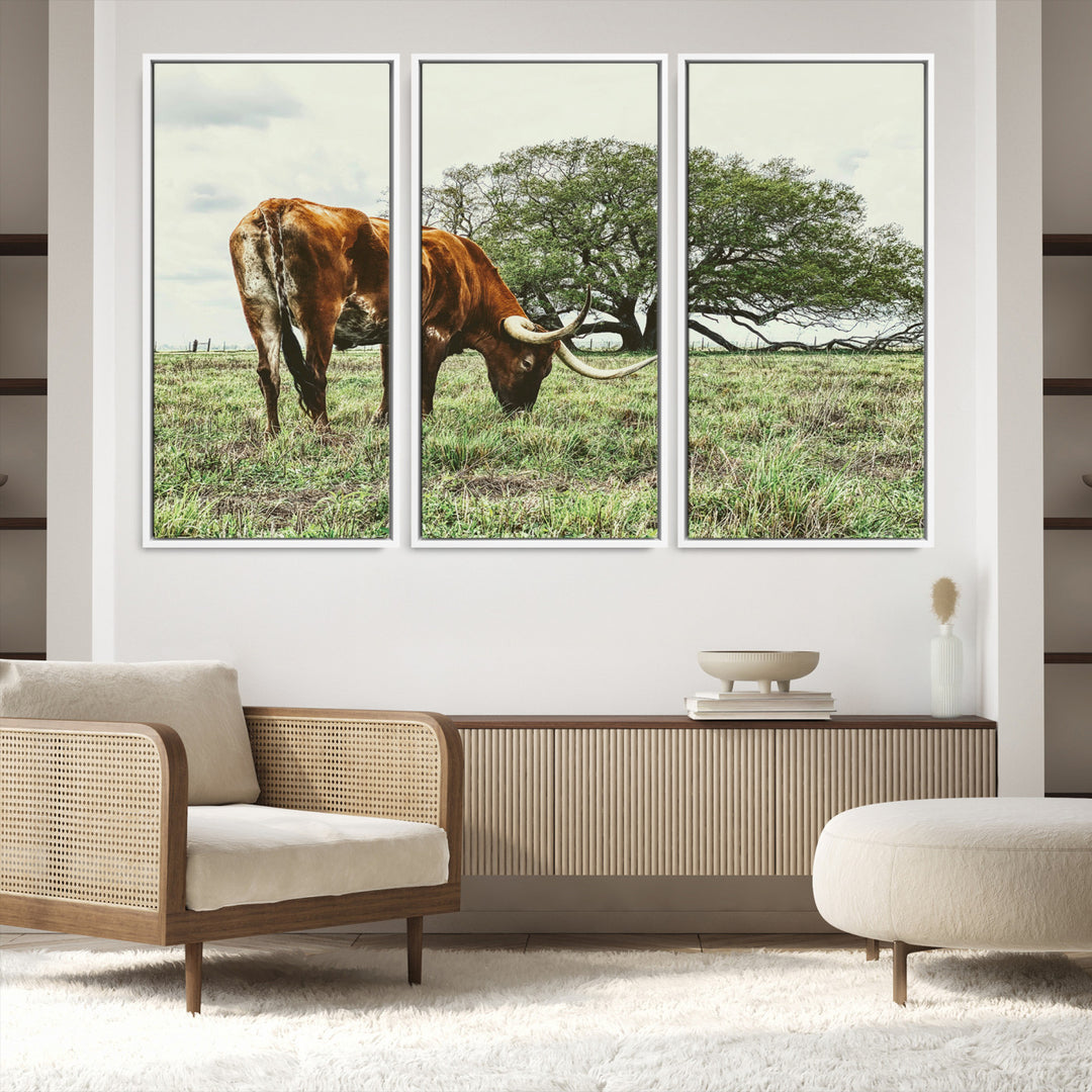 A Texas Longhorn grazing in a green pasture with a large tree in the background, evoking a rustic Western and farmhouse aesthetic.