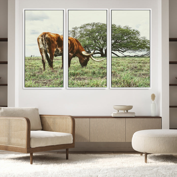 A Texas Longhorn grazing in a green pasture with a large tree in the background, evoking a rustic Western and farmhouse aesthetic.