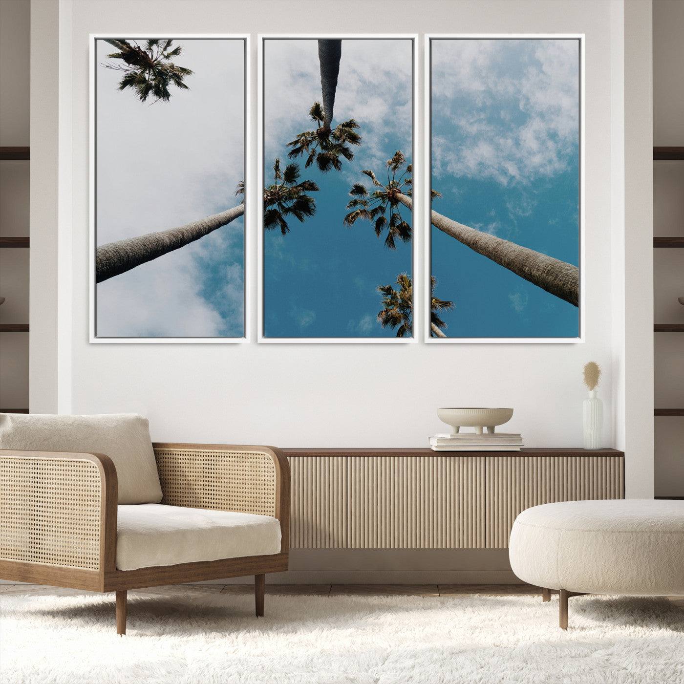 45236398-MGV-FC-48X32-3P-Tropical Palm Trees Wall Art Canvas Print, Framed California Sky Art Picture Print, Minimalist Nature Perfect Coastal Minimalist Decor