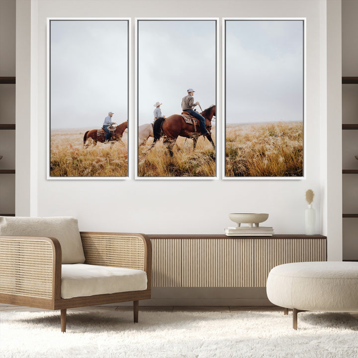 Three cowboys riding horses through a foggy prairie landscape, dressed in Western attire, evoking a rustic and adventurous Wild West aesthetic.