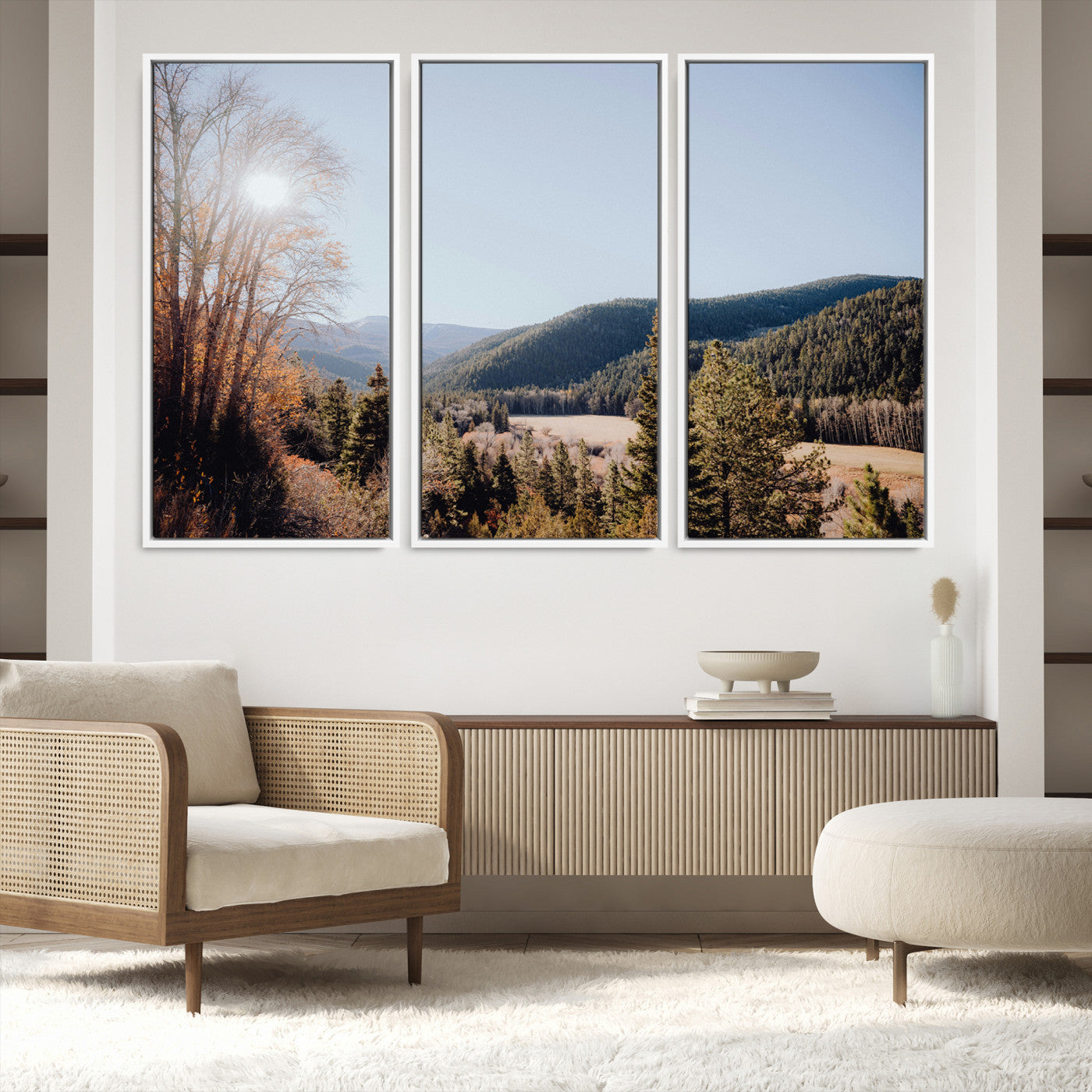 52941305-MGV-FC-48X32-3P-Rustic Landscape Wall Art Canvas Print, Framed Serene Valley Art Picture Print, Pine Tree Horizon Perfect Rustic Cabin Decor Artwork