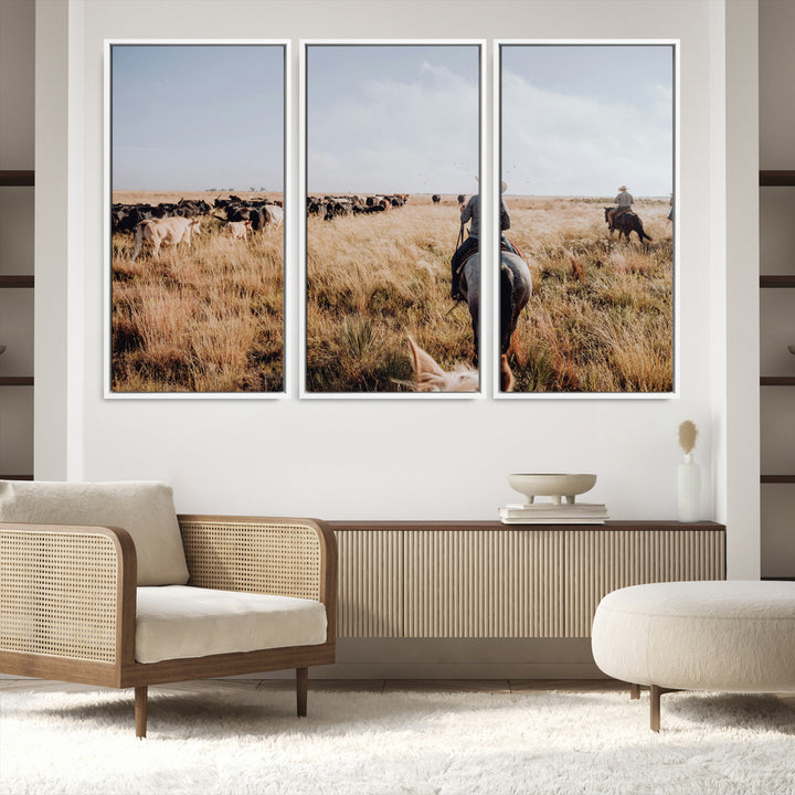 A cowboy and cowgirl on horseback herding cattle through golden grasslands, capturing a rustic and authentic Western ranch lifestyle.