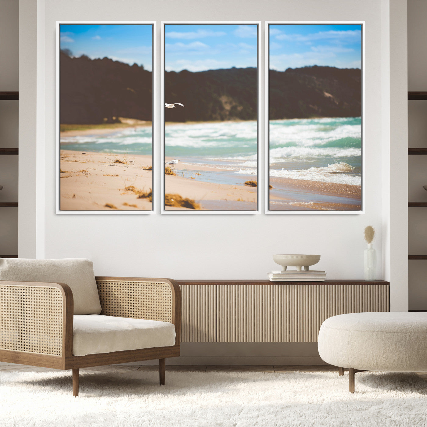 84260965-MGV-FC-48X32-3P-Tranquil Beach Scene Wall Art Canvas Print, Framed Blue Ocean Waves Art Picture Print, Sandy Coastline Perfect Coastal Cottage Decor Artwork