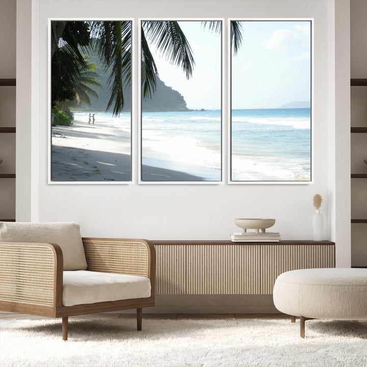 Tropical beach with palm tree shadows, white sand, and turquoise ocean waves, creating a serene and relaxing island escape atmosphere.