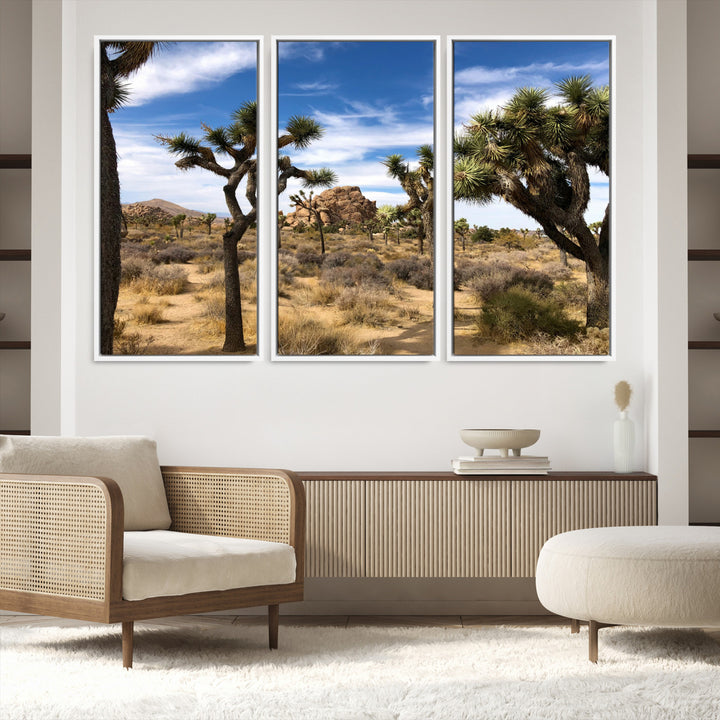 Scenic Joshua Tree landscape with rugged desert terrain, golden dry grass, and a deep blue sky, creating a warm, rustic Southwestern aesthetic.