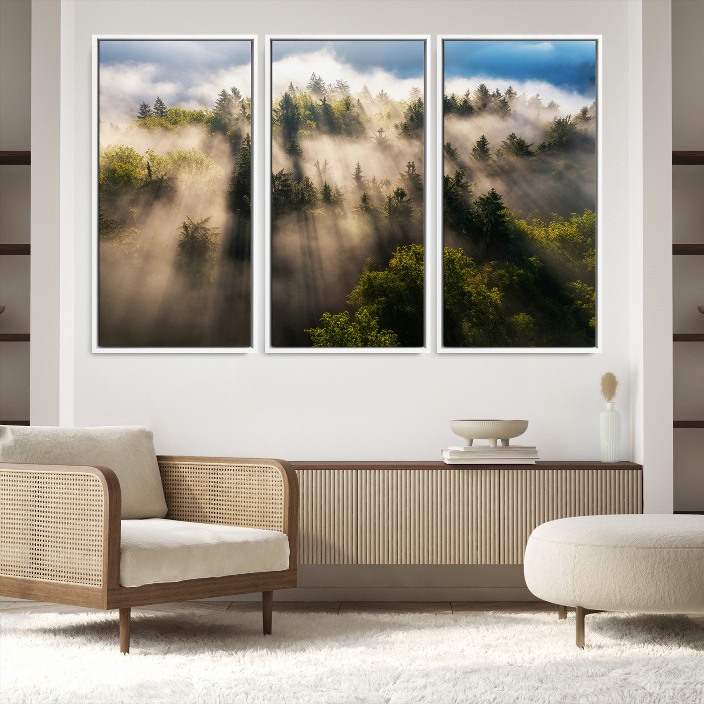14785710-MGV-FC-48X32-3P-Tranquil Forest Scene Wall Art Canvas Print, Framed Sunbeam Through Trees Art Picture Print, Moody Green Wall Art Perfect Scandinavian