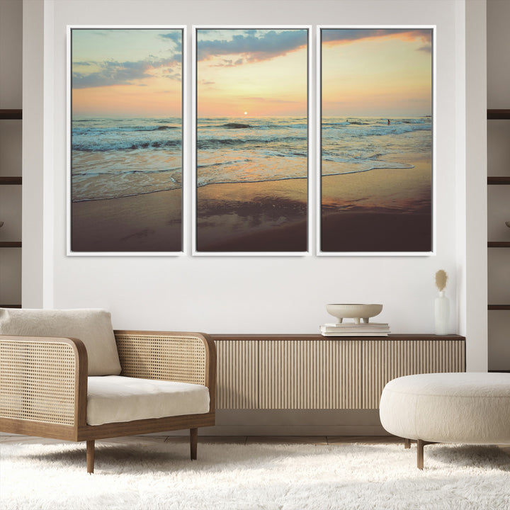 Warm sunset over gentle ocean waves with pastel sky and reflections on wet sand, creating a calm and soothing beach ambiance.