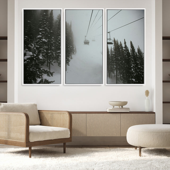 Ski Lift Wall Art Canvas Print, Framed Snowy Pines Art Picture Print, Misty Landscape Perfect Winter Serenity Decor Artwork