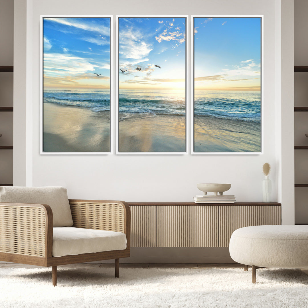 20708696-MGV-FC-60X40-3P_White-Minimalist Seaside Morning Glow Art Canvas Print, Golden Reflections Perfect Coastal Minimalist Decor Artwork