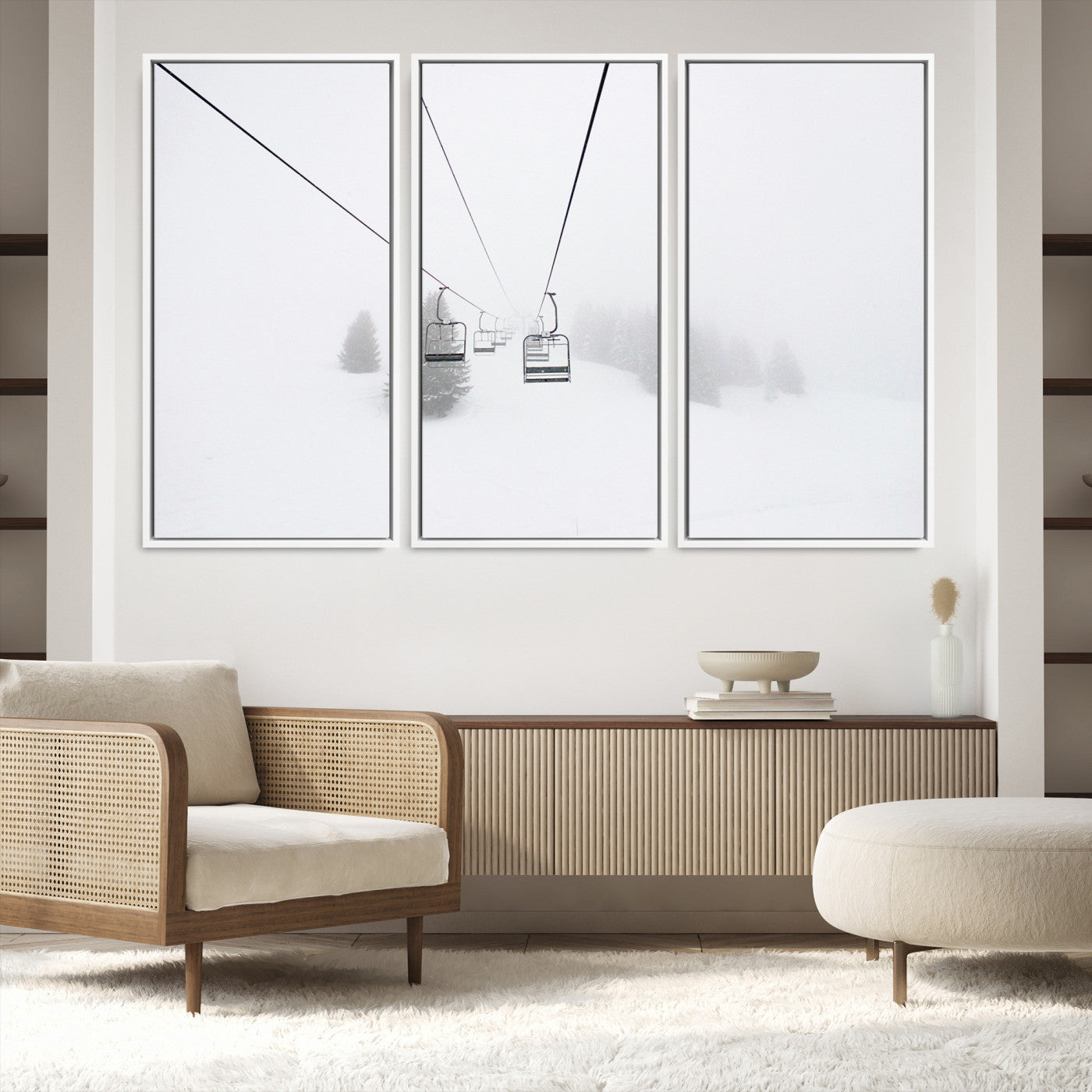 20216390-MGV-FC-60X40-3P_White-Ski Lift Print Wall Art Canvas, Framed Snowy Landscape Art Picture Print, Alpine Adventure Perfect Nordic Minimalist Decor Artwork