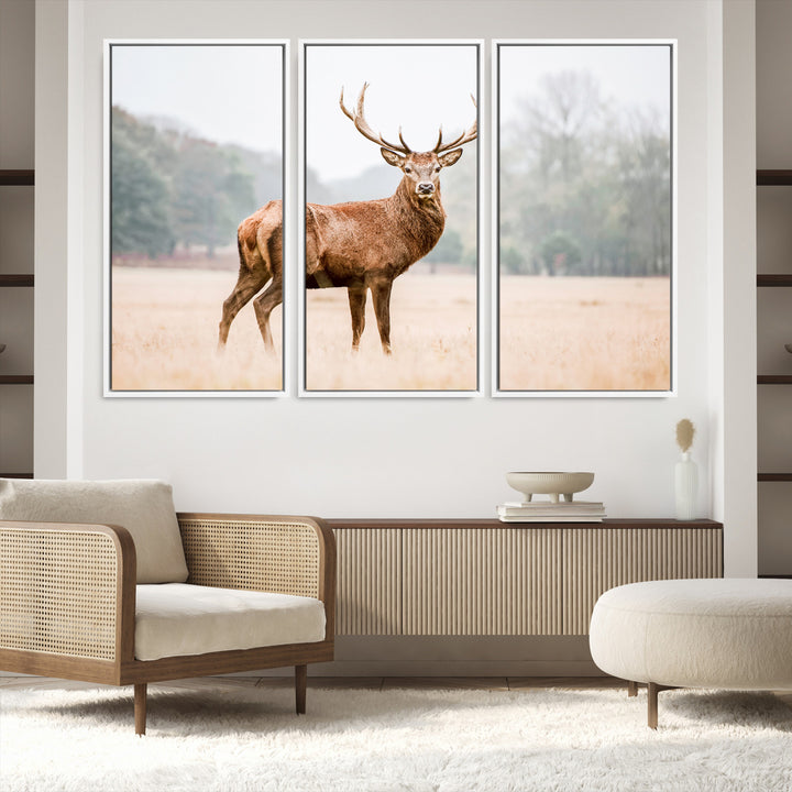 Vintage Wildlife Canvas Print, Framed Misty Landscape Art Picture Print, Deer Wall Art Perfect Rustic Wildlife Decor Artwork