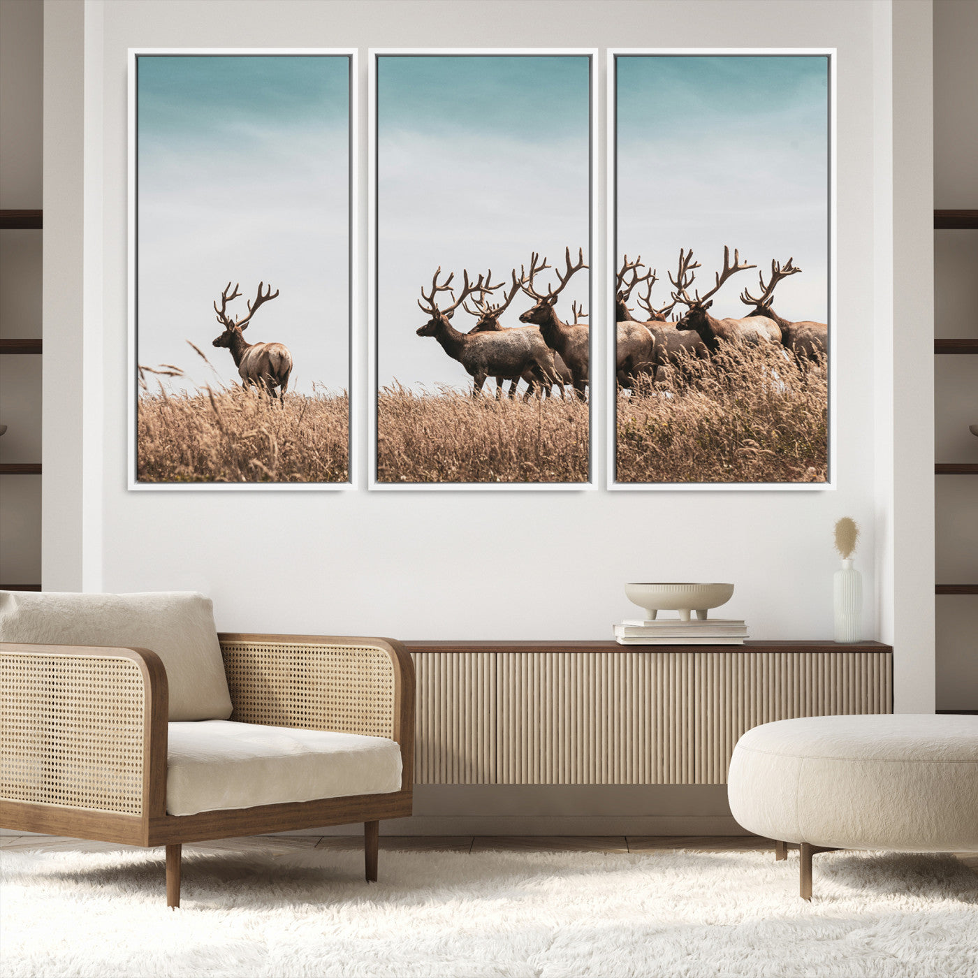 81594705-MGV-FC-60X40-3P_White-Elk Herd Wall Art Canvas, Antler Canvas Print, Framed Wildlife Photography Art Picture Print, Rustic Nature Print Perfect Rustic Wildlife