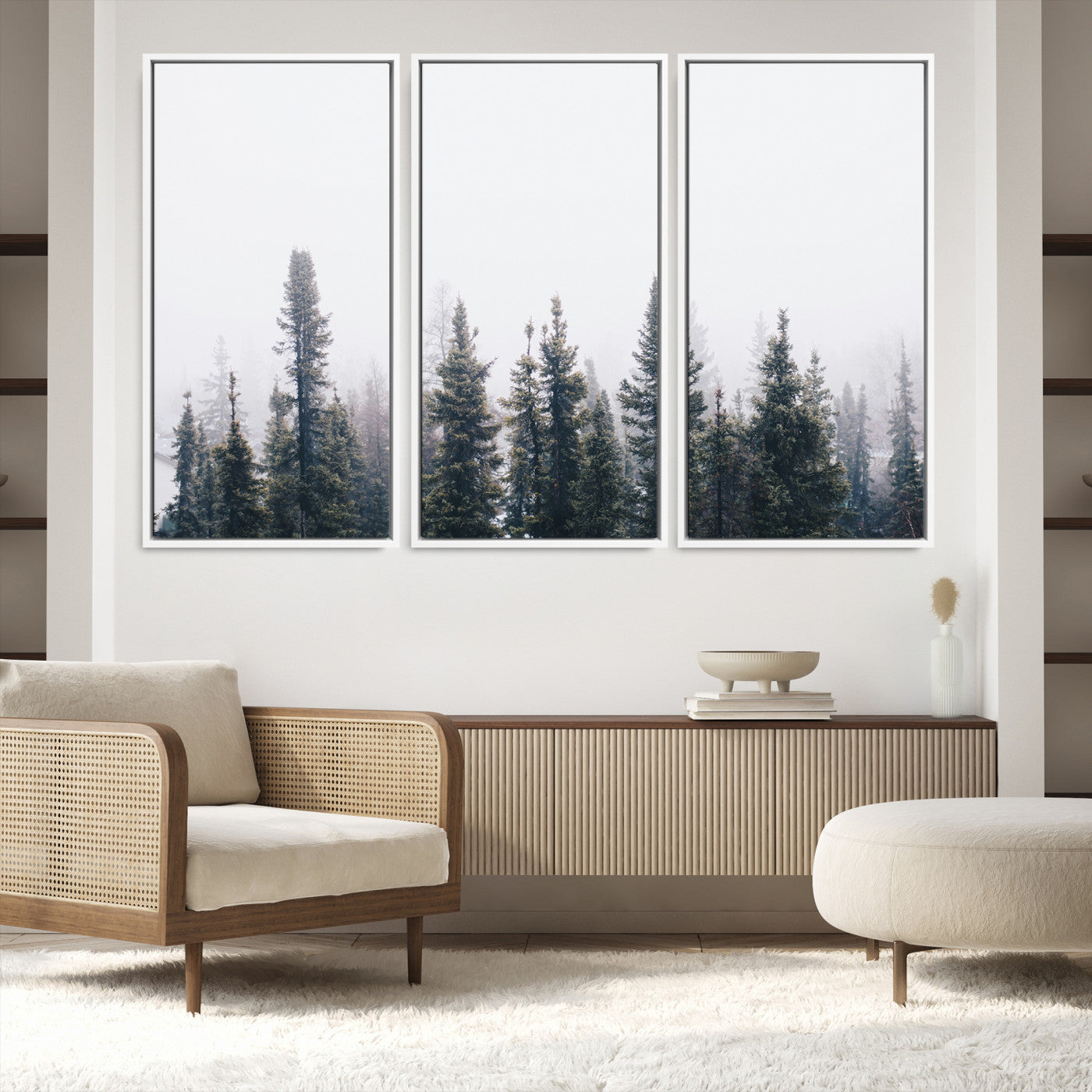 42364796-MGV-FC-60X40-3P_White-Foggy Forest Wall Art Canvas Print, Framed Misty Pines Art Picture Print, Moody Woodland Perfect Scandinavian Minimalist Decor Artwork
