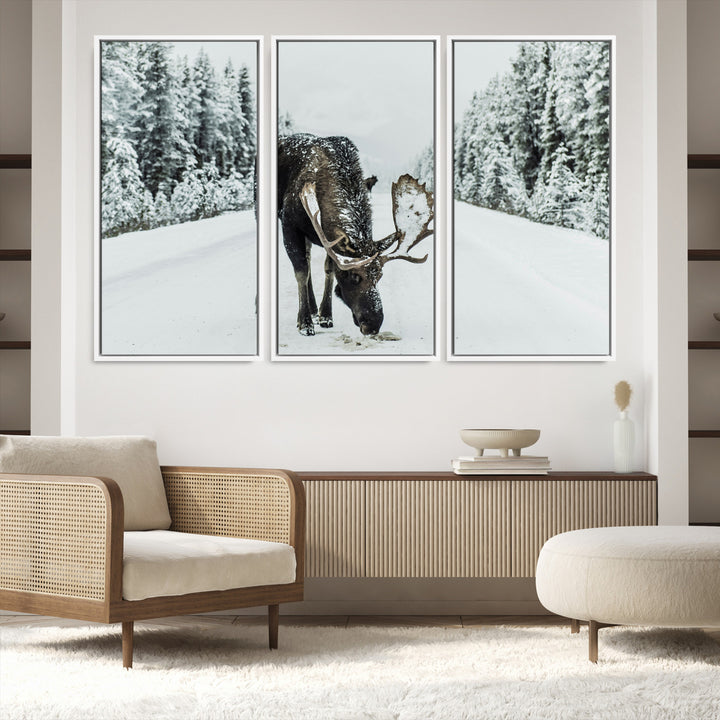 Moose in Snow Wall Art Canvas Print, Framed Winter Wildlife Art Picture Print, Snowy Forest Scene Perfect Rustic Lodge Decor Artwork