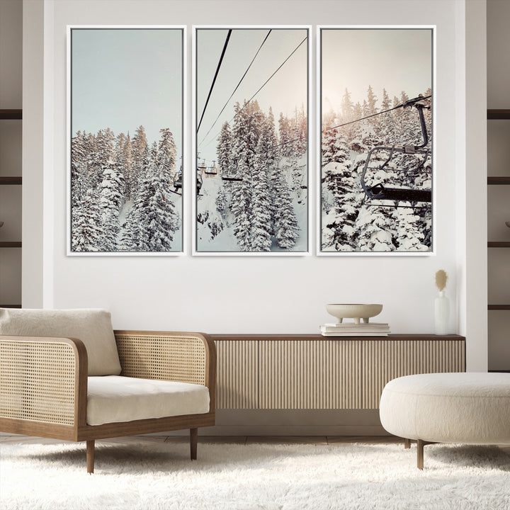 91534512-MGV-FC-60X40-3P_White-Frosty Pines Wall Art Canvas Print, Framed Cozy Cabin View Art Picture Print, Ski Lift Ride Perfect Rustic Lodge Decor Artwork