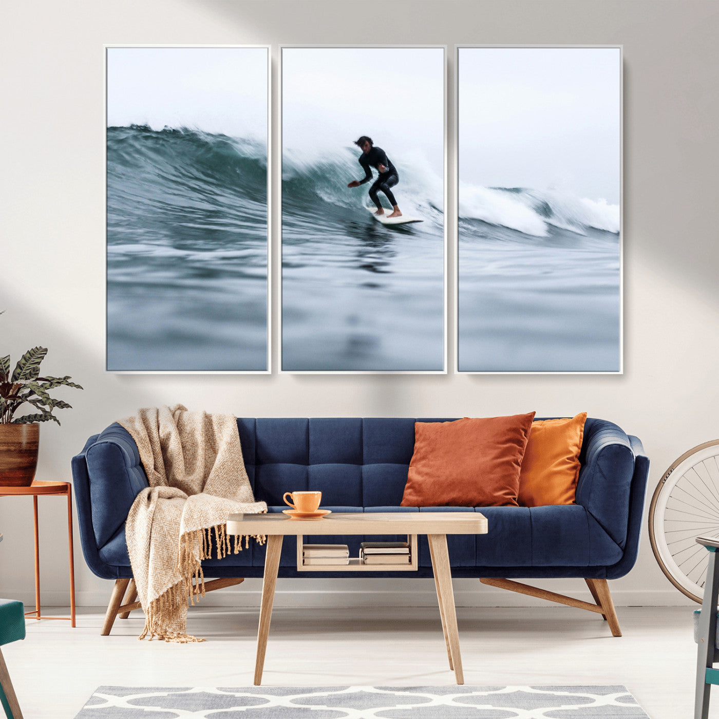 MGV-FC-48X32-3P - Surfer on Wave Wall Art Canvas Print, Framed Ocean Adventure Art Picture Print, Motion Blur Water Perfect Coastal Adventure Decor Artwork