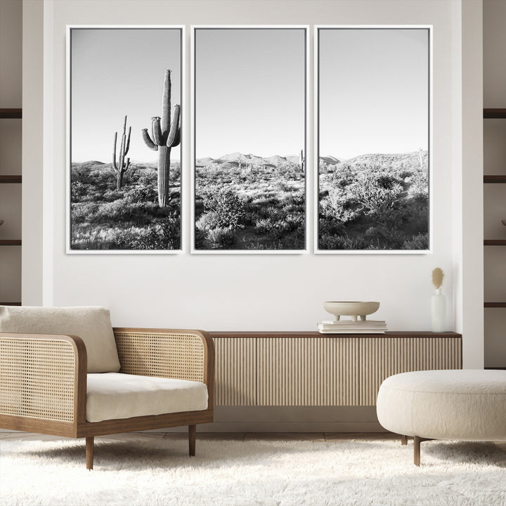 Saguaro Cactus Wall Art Canvas Print, Monochrome Landscape Print, Framed Scenic Arizona Art Print, Large Timeless Western Aesthetic Printing