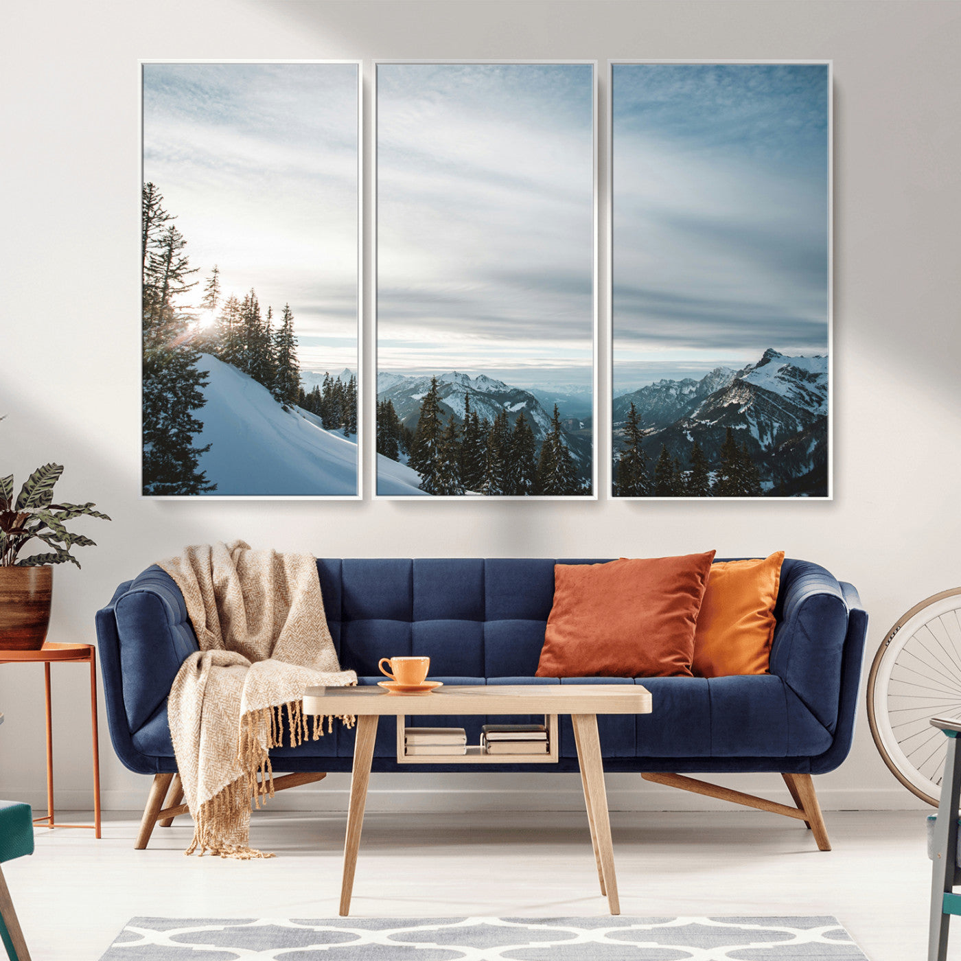 MGV-FC-48X32-3P - Snowy Mountains Wall Art Canvas Print, Framed Alpine Landscape Art Picture Print, Frosty Peaks Perfect Nordic Minimalist Decor Artwork