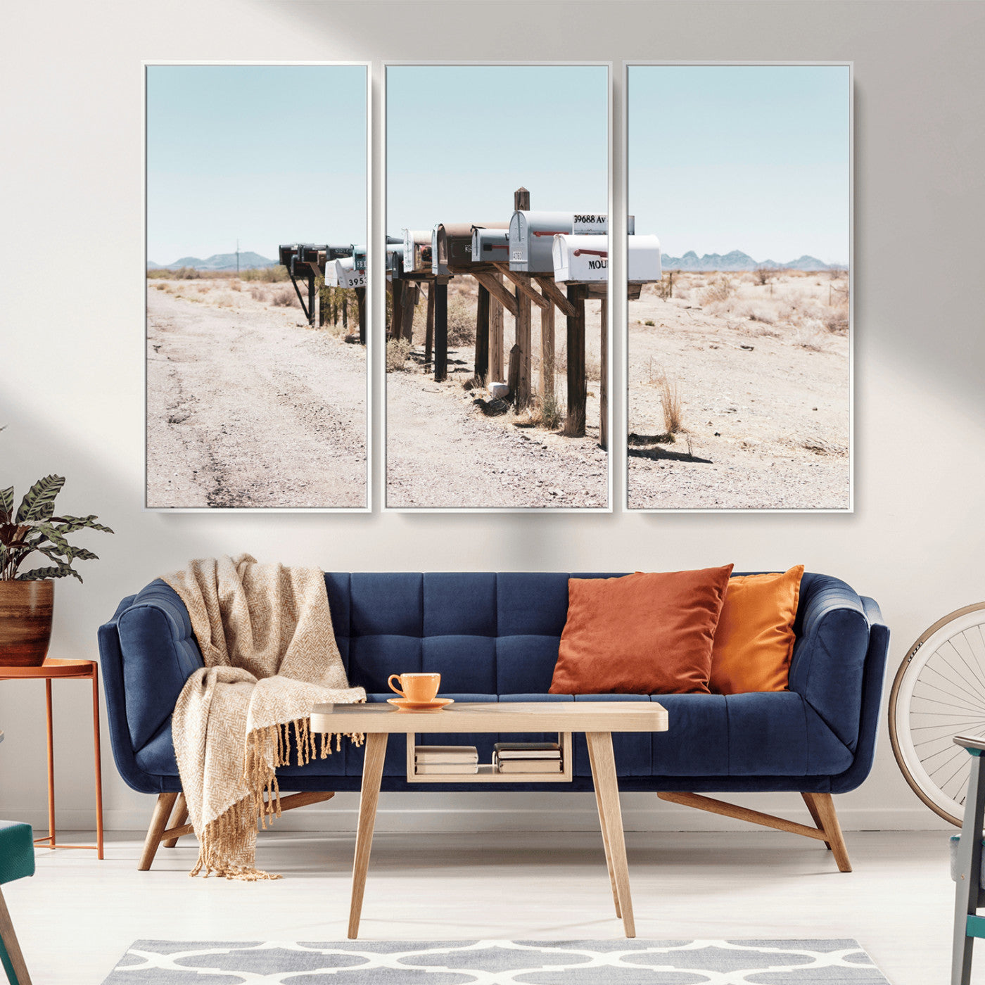 MGV-FC-48X32-3P - Desert Mailboxes Canvas Print – Minimal Western Landscape Photography, Rustic Americana Wall Art for