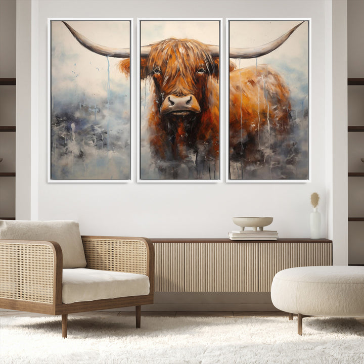 Scottish Highland Wall Art Canvas Print, Framed Longhorn Art Picture Print, Western Cow Perfect Farmhouse Decor Artwork