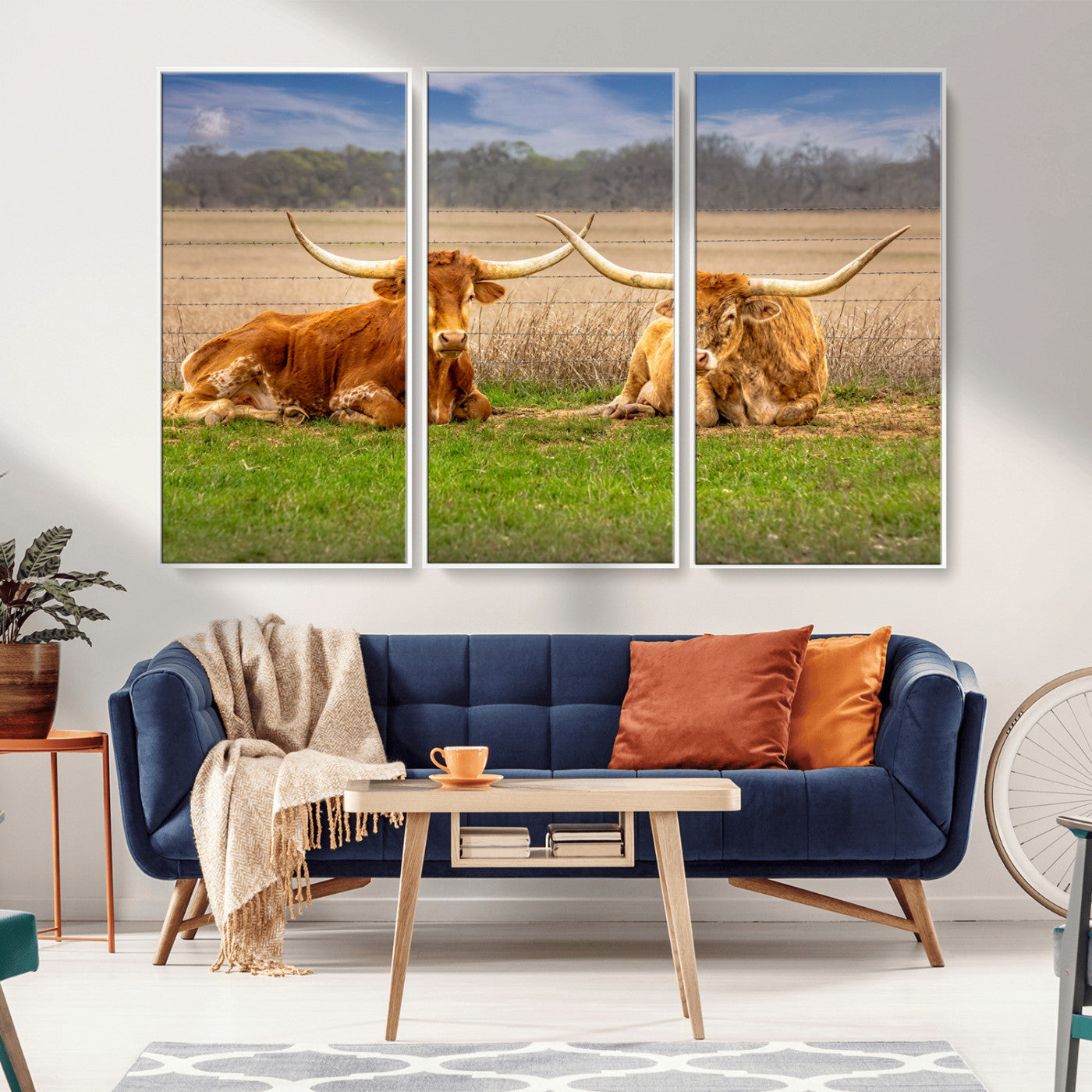 54598515-MGV-FC-60X40-3P_White-Texas Longhorn Pair Wall Art Canvas Print – Peaceful Rustic Ranch Scene with Two Cattle in Field, Perfect for Western Farmhouse Home Decor