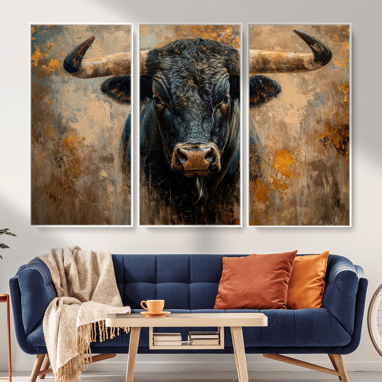 91615410-MGV-CV-36X24 - Abstract Texas Longhorn Bull Wall Art – Rustic Farmhouse Canvas Print, Western Cabin Style Decor, Large Animal Artwork for Living Room or Office