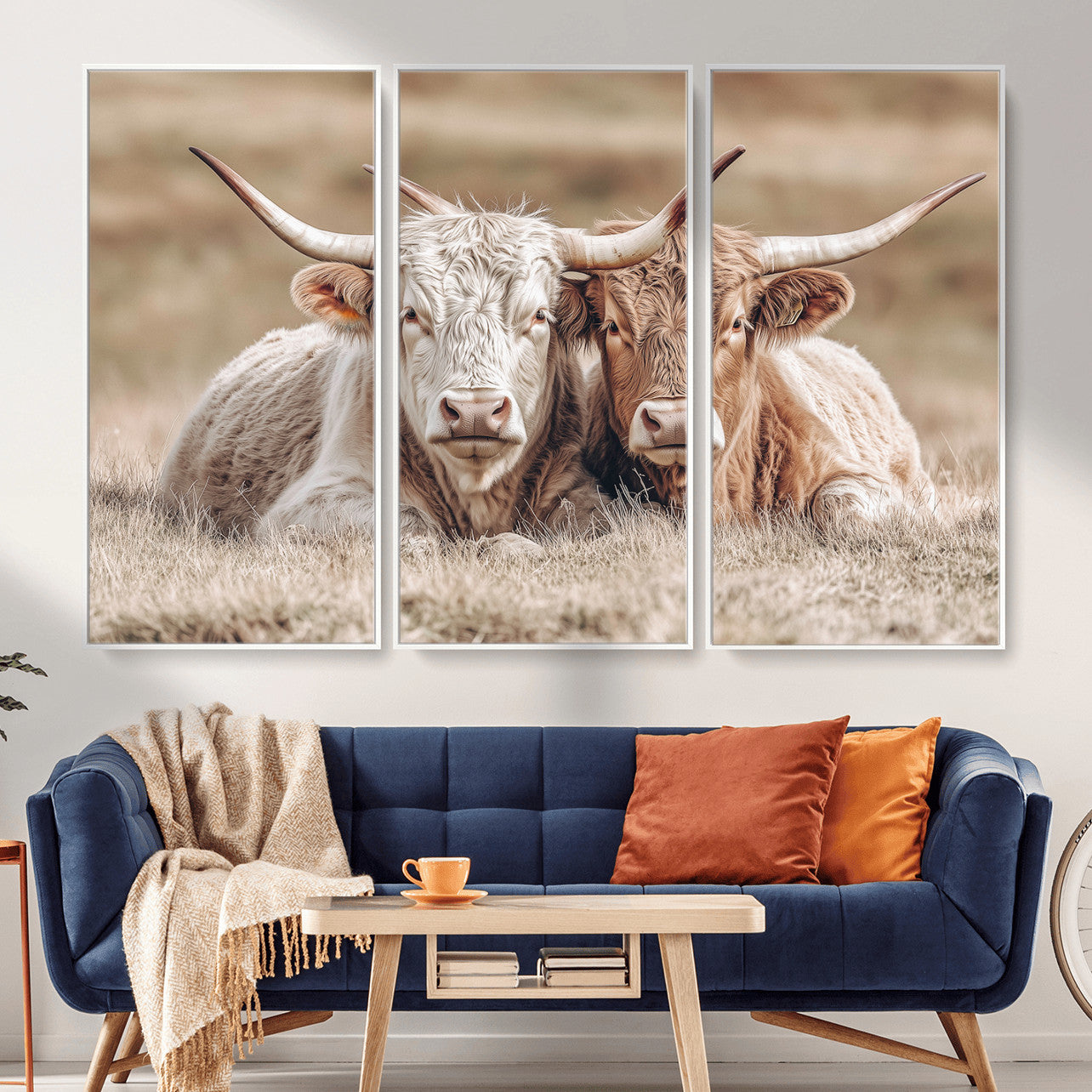 38651722-MGV-CV-36X24 - Highland Cows Meadow Canvas Wall Art – Peaceful Cow Photography Print, Rustic Farmhouse Animal Decor for Country Home, Living Room, Office