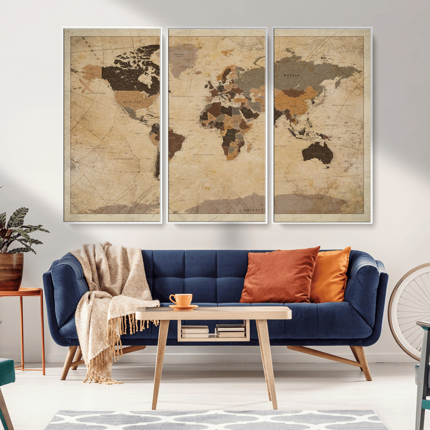 Vintage-style world map with muted brown, beige, and sepia tones, showing countries and continents with a weathered paper texture background.