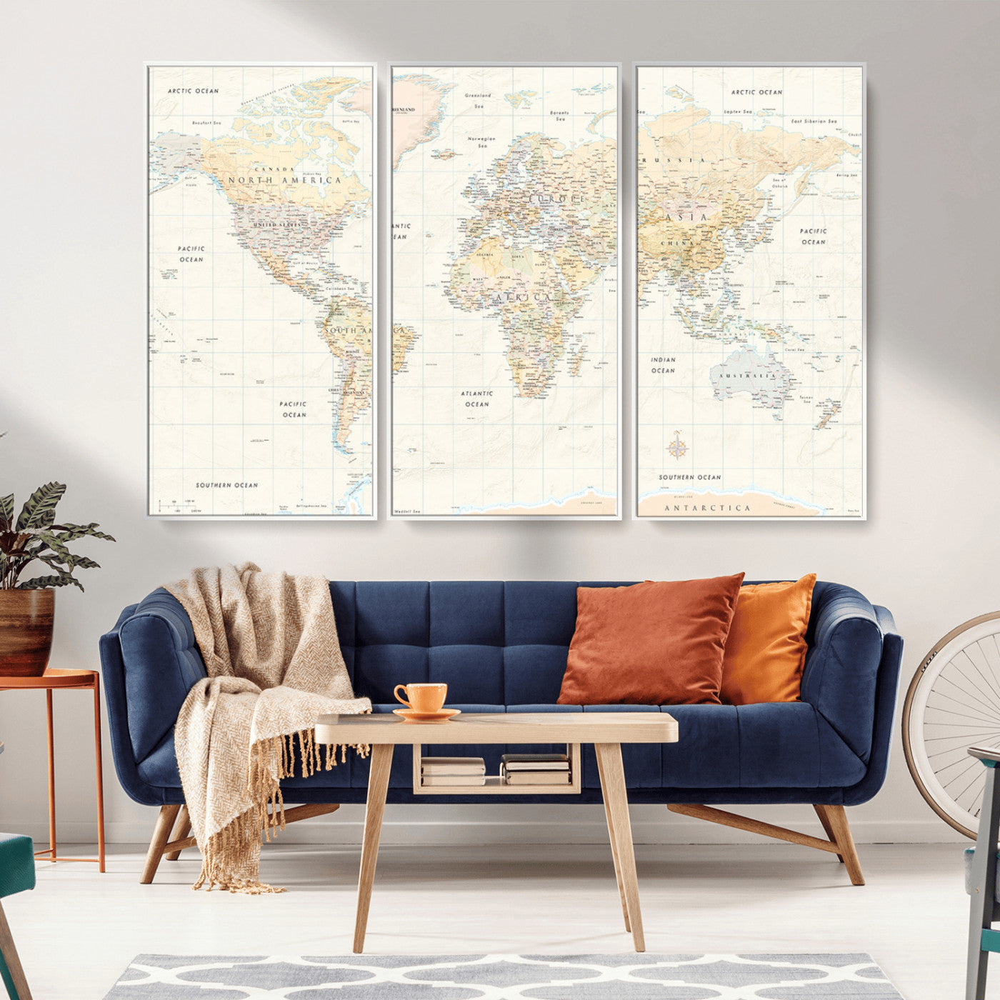 An antique-style world map showing continents, countries, and oceans with soft beige tones, detailed borders, and classic typography, enhanced by a subtle grid overlay and a vintage compass rose.