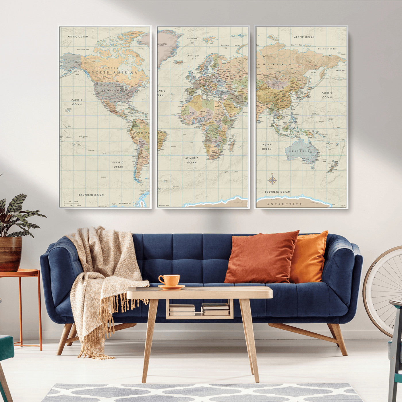 A detailed vintage-style political world map displaying continents, countries, and oceans with clear borders and labels, set on a beige textured background with grid lines.