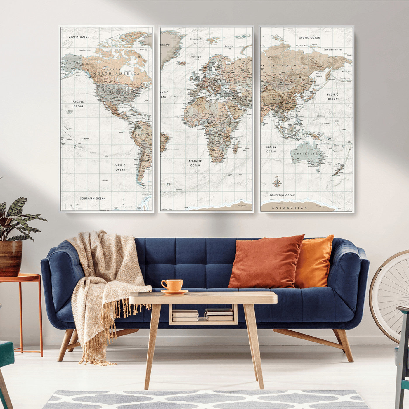Vintage world map with detailed country borders and labels, featuring soft earthy tones of beige, brown, and gray on a textured parchment background, including oceans, continents, and major cities.