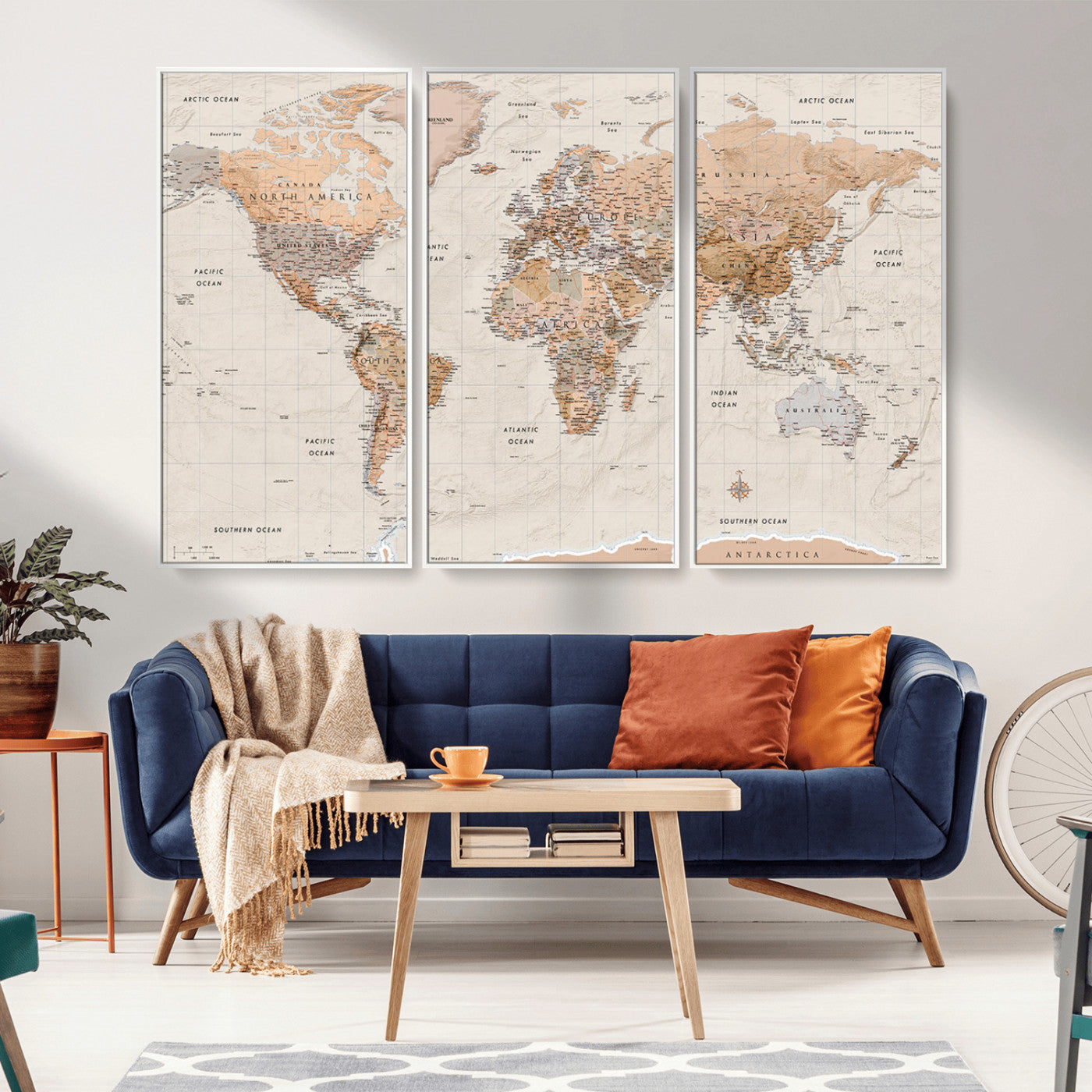 Detailed vintage world map with warm earth tones showing country borders, oceans, continents, and major cities, styled with a textured parchment background.
