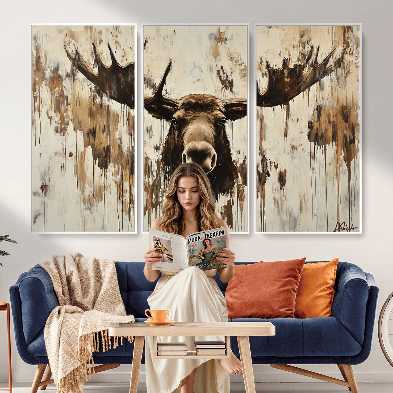 34496536-MGV-CV-36X24 - Powerful Moose Portrait Wall Art – Rich Earthy Tones, Expressive Brushstrokes, Striking Gaze, Raw Nature Vibes Decor for Home or Office