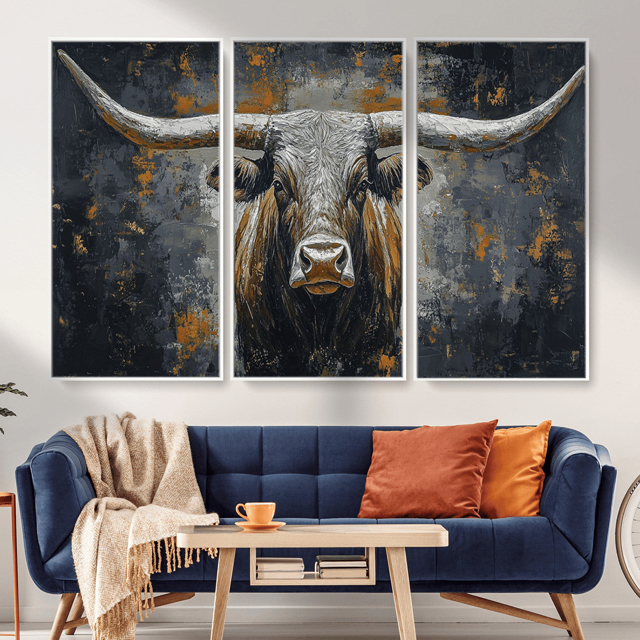 73972561-MGV-CV-36X24 - Bold Bull Wall Art Canvas – Striking Portrait with Wide Horns and Rich Brown Hues, Rustic Farmhouse and Western Decor for Home Room