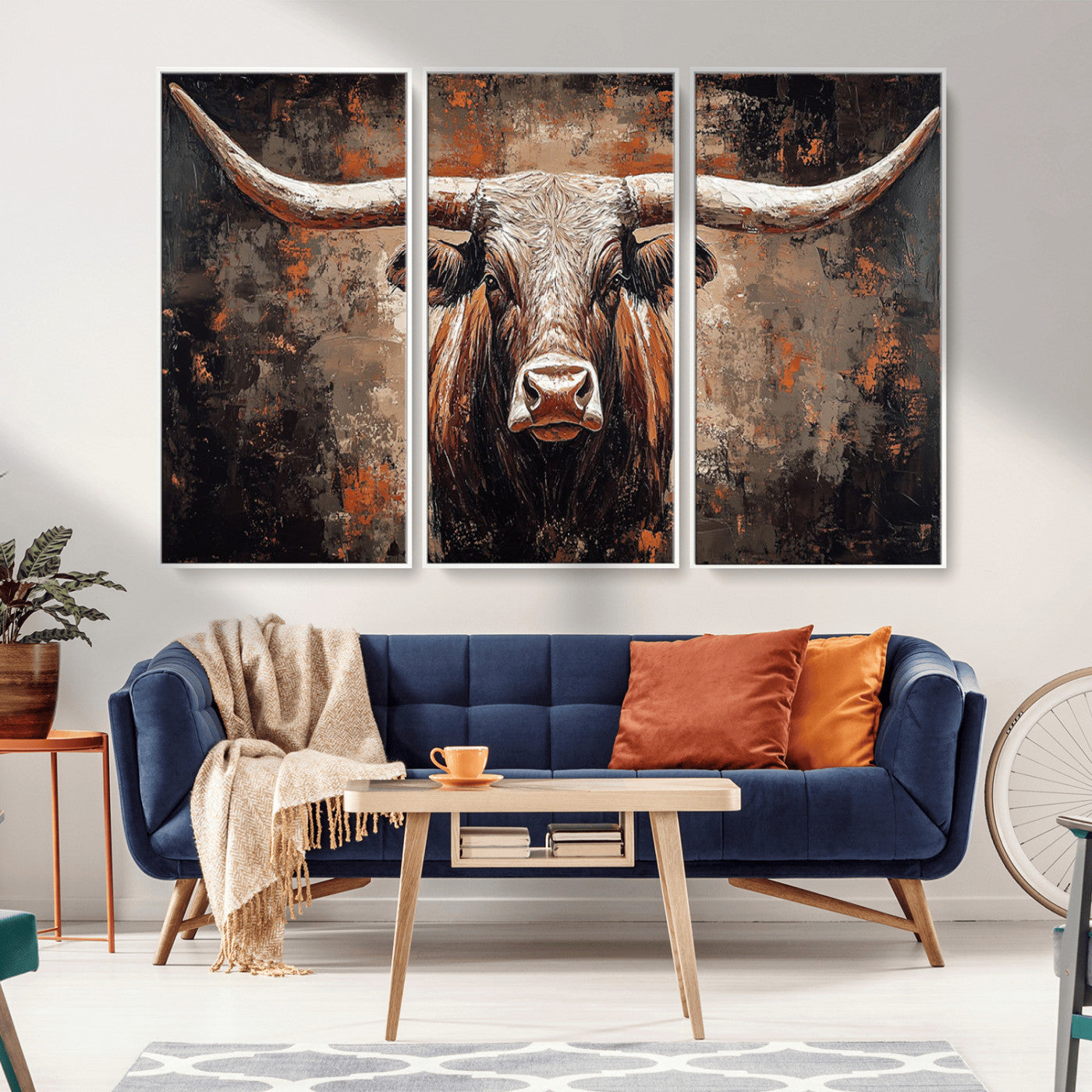 42732393-MGV-FC-48X32-3P_White-Rustic Longhorn Bull Wall Art Canvas Print – Vintage Western Cattle Painting, Texas Steer Artwork for Ranch, Farmhouse or Cowboy Decor