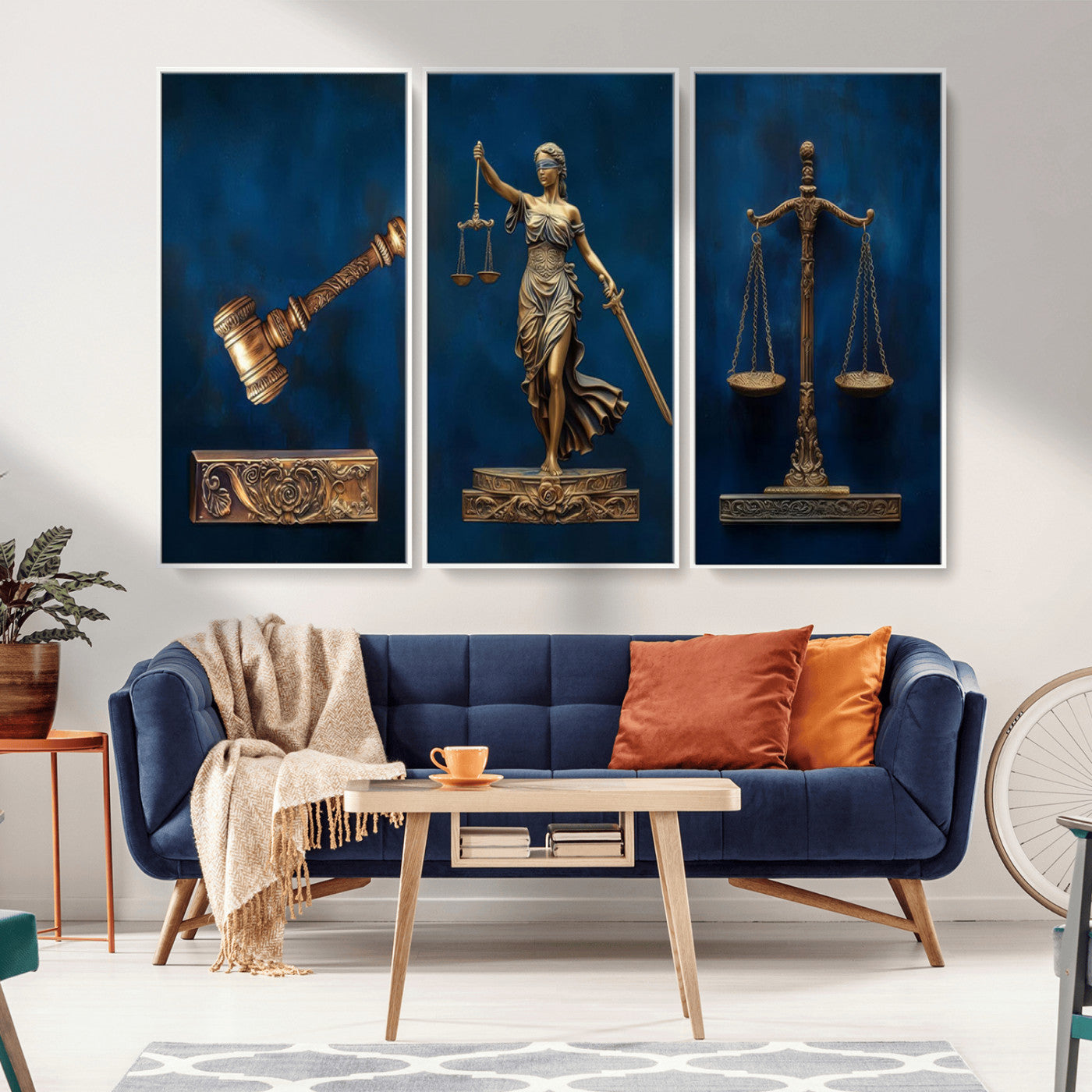 MGV-FC-48X32-3P - Lady Justice Wall Art Canvas Print – Elegant Gold Legal Symbols on Blue Background, Perfect for Law