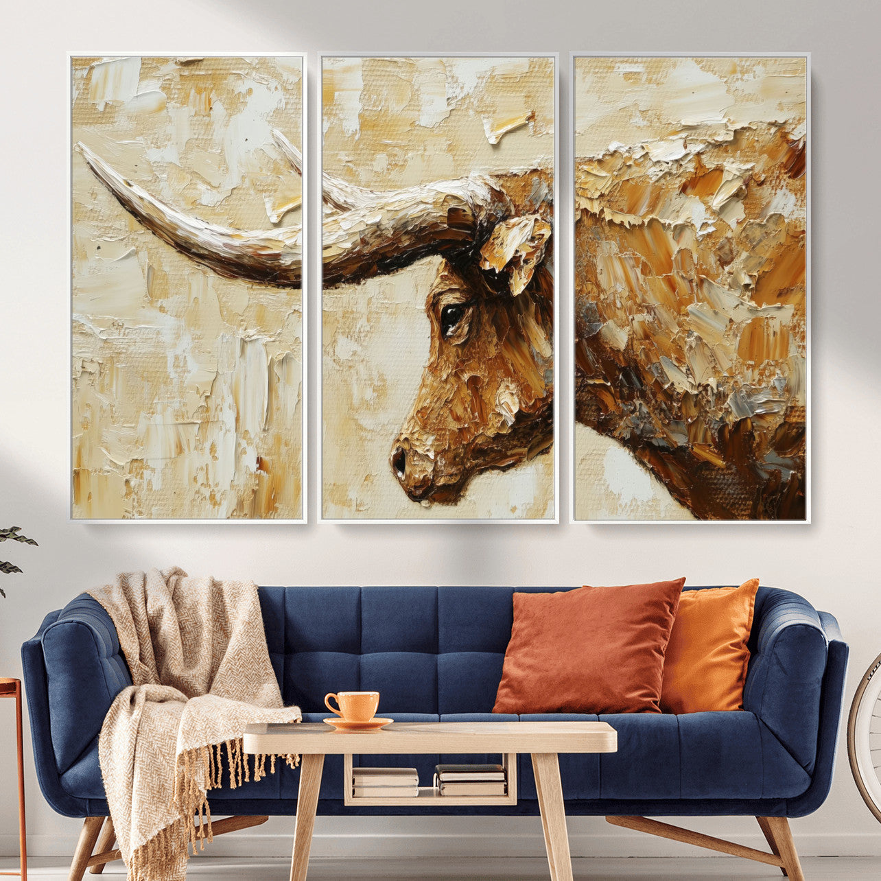 69611428-MGV-CV-36X24 - Rustic Longhorn Bull Wall Art Canvas Print – Vintage Western Cattle Painting, Texas Abstract Wall Cow Prints