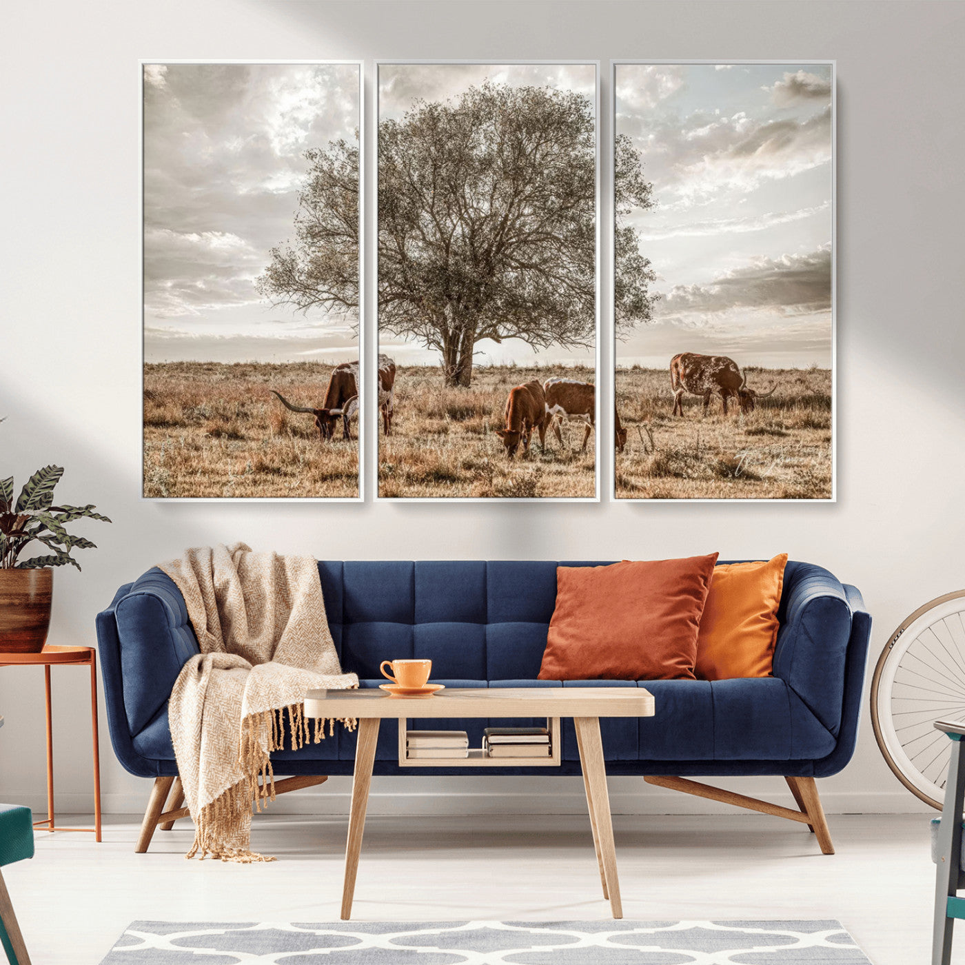 Texas Longhorn Cattle Wall Art Canvas Print – Rustic Western Ranch Scene with Steers at Sunset, Perfect for Farmhouse or Cowboy Decor