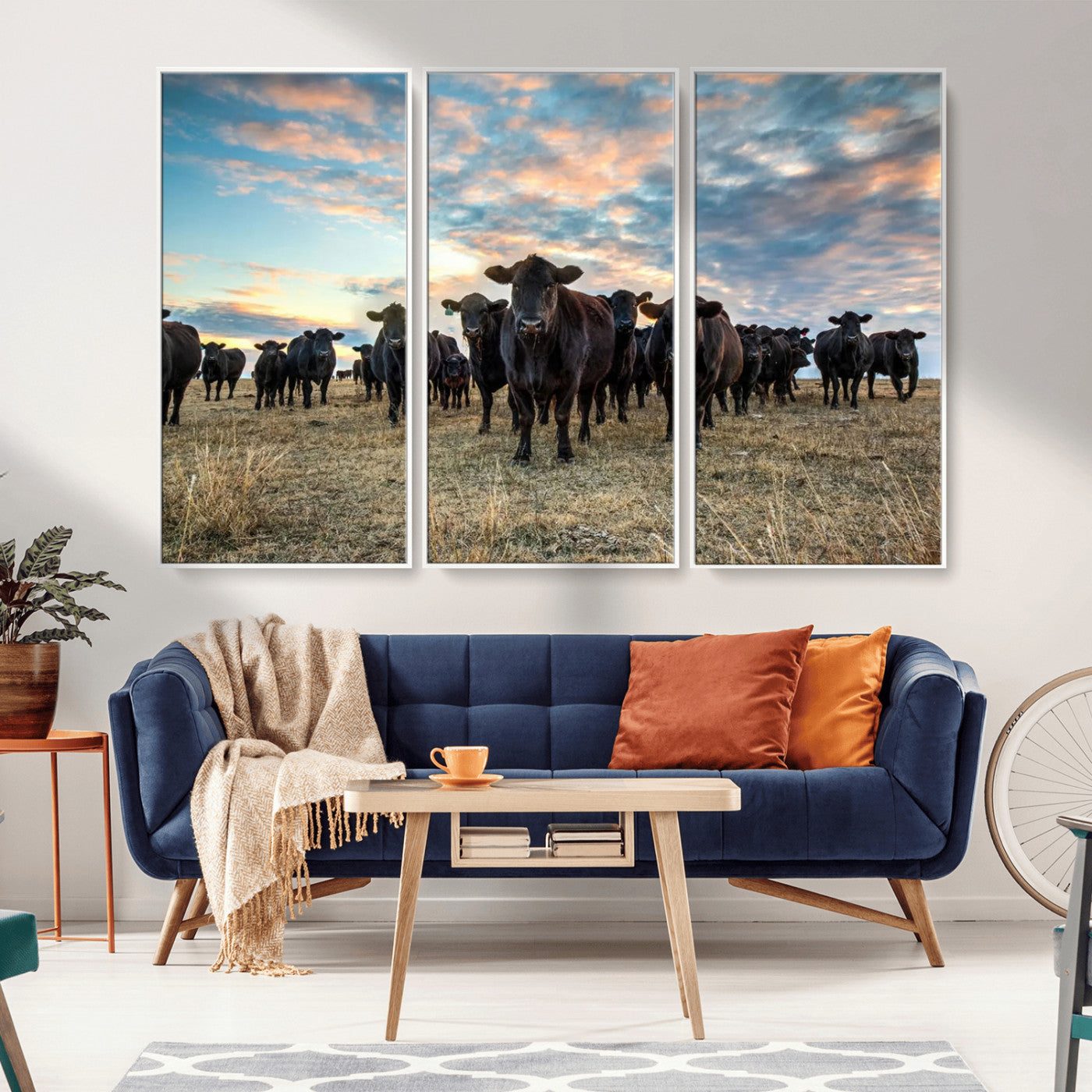 13867292-MGV-FC-60X40-3P_White-Texas Longhorn Cattle Wall Art Canvas Print – Rustic Western Ranch Scene with Steers at Sunset, Perfect for Farmhouse or Cowboy Decor