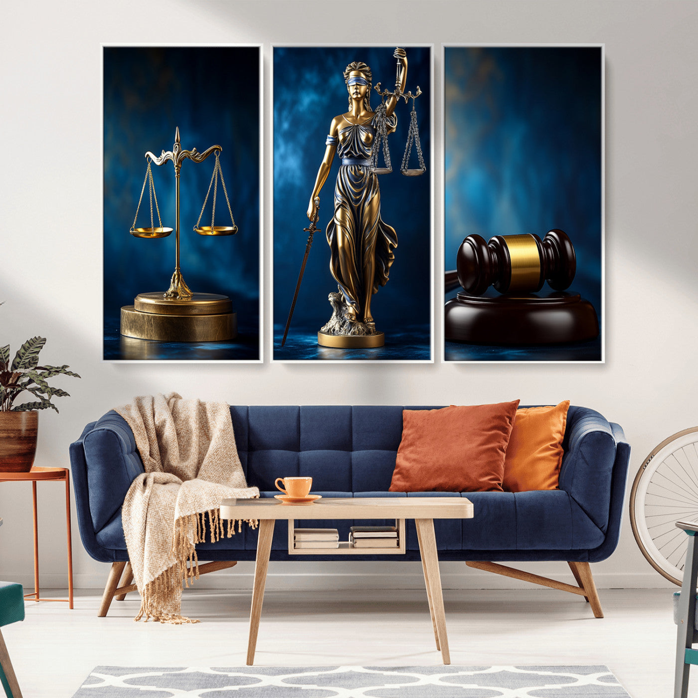 MGV-FC-48X32-3P - Lady Justice Wall Art Canvas Print – Elegant Gold Legal Symbols on Blue Background, Perfect for Law