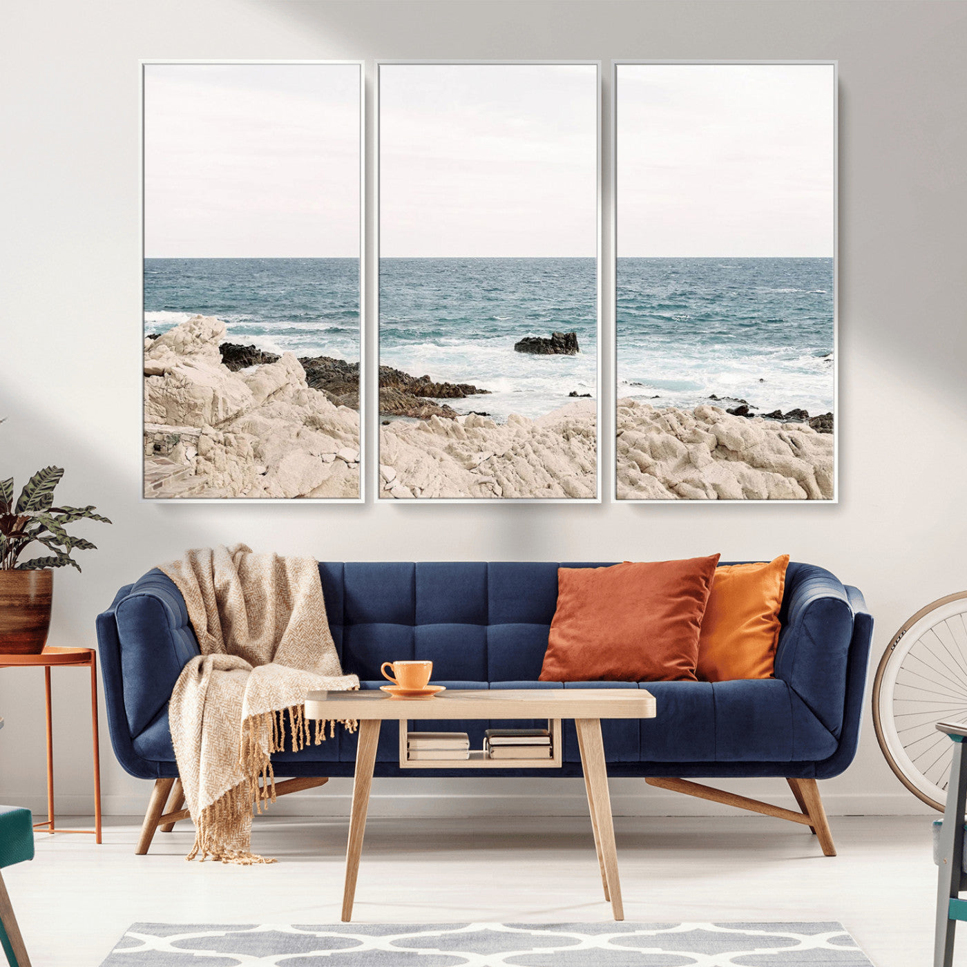 Coastal Ocean View Wall Art Canvas Print – Serene Rocky Shoreline and Blue Sea Photography for Coastal Chic or Minimalist Home Decor