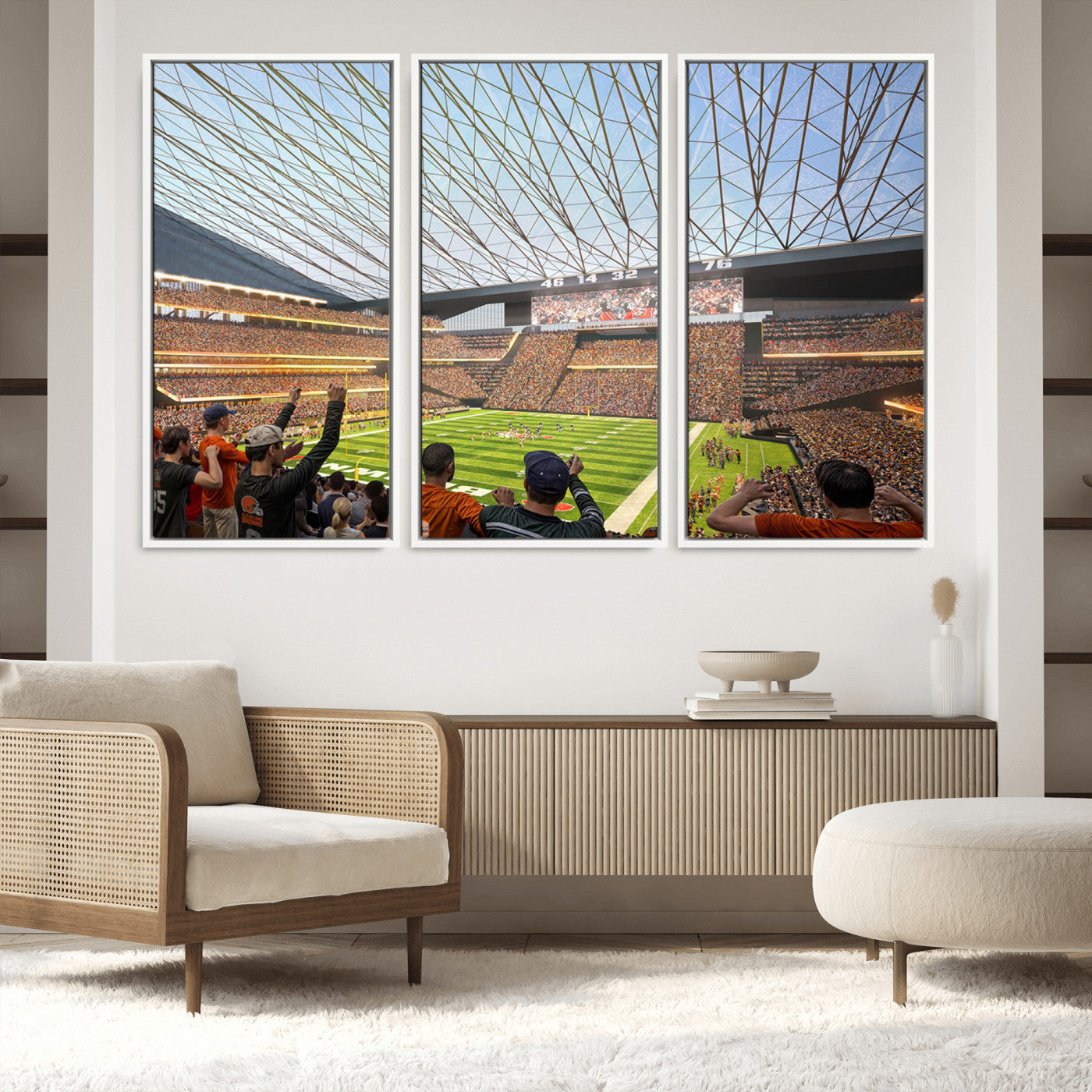 81960112-MGV-FC-60X40-3P_White-Cleveland Browns Stadium Wall Art Canvas Print – Framed Football Artwork Featuring Cleveland Skyline and Browns Stadium, Perfect for Man Cave or Game Room Decor