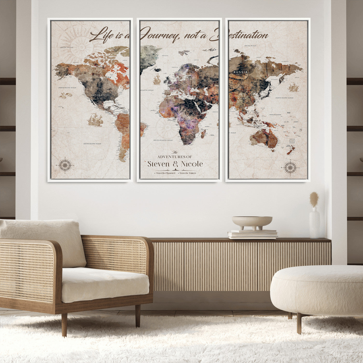 96000140-MGV-FC-48X32-3P_White-Canvas Travel Map with Pins – Framed Wall Art to Track Countries and Cities, Beautiful World Map in Rustic Old Style for Decoration - H14
