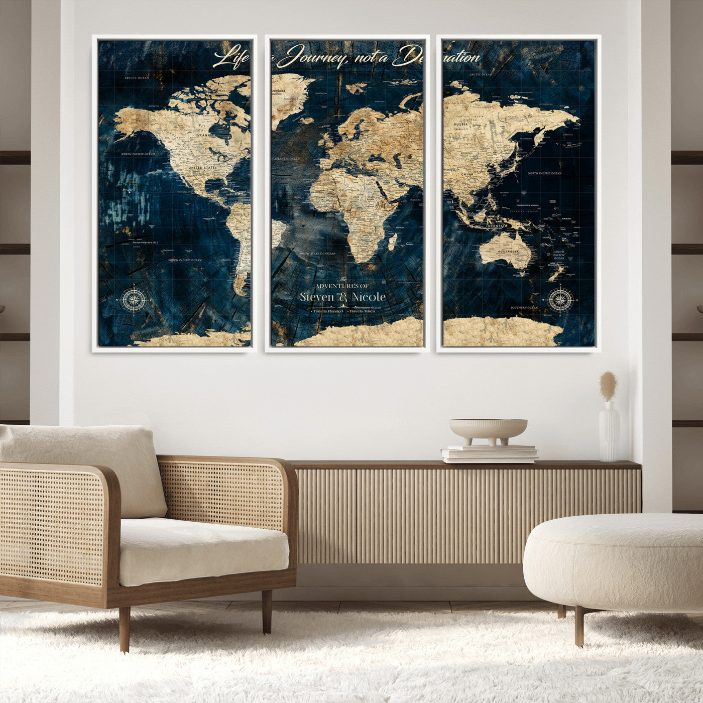 23551206-MGV-FC-48X32-3P_White-Old Style World Map with Push Pins – Framed Canvas Print for Wall, Track Past and Future Adventures in a Decorative Way - H15